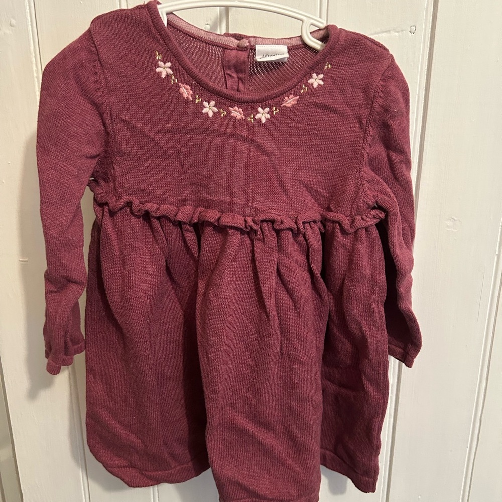 John Lewis 9/12m burgundy embroidered floral neckline knit long sleeve dress